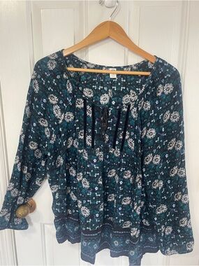 Old Navy Womens Size XXL Floral  Print Boho Teal Black  Blouse